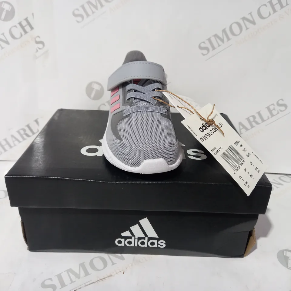 BOXED PAIR OF ADIDAS RUNFALCON 2.0 KIDS SHOES IN GREY/PINK UK SIZE 6