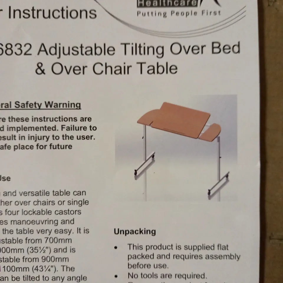 NRS HEALTHCARE M66832 WHEELED AND TILTING OVER BED OR CHAIR TABLE - HEIGHT AND WIDTH ADJUSTABLE