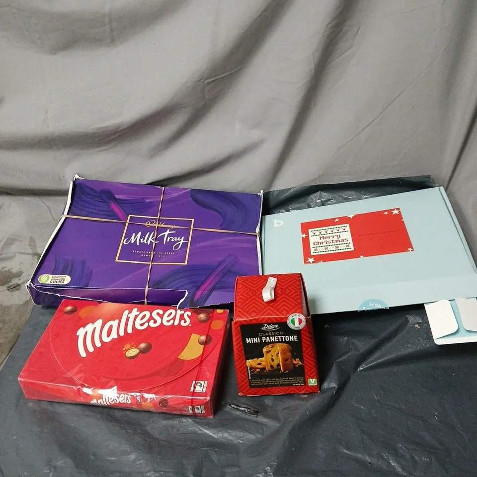 APPROXIMATELY 15 ASSORTED FOOD AND DRINK ITEMS TO INCLUDE BOOMF SELECTION BOX, MALTESERS, MILK TRAY, PANETTONE ETC