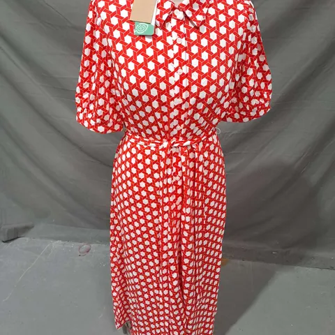 BODEN TIE WAIST DRESS IN GEOMETRIC RED SIZE 14P
