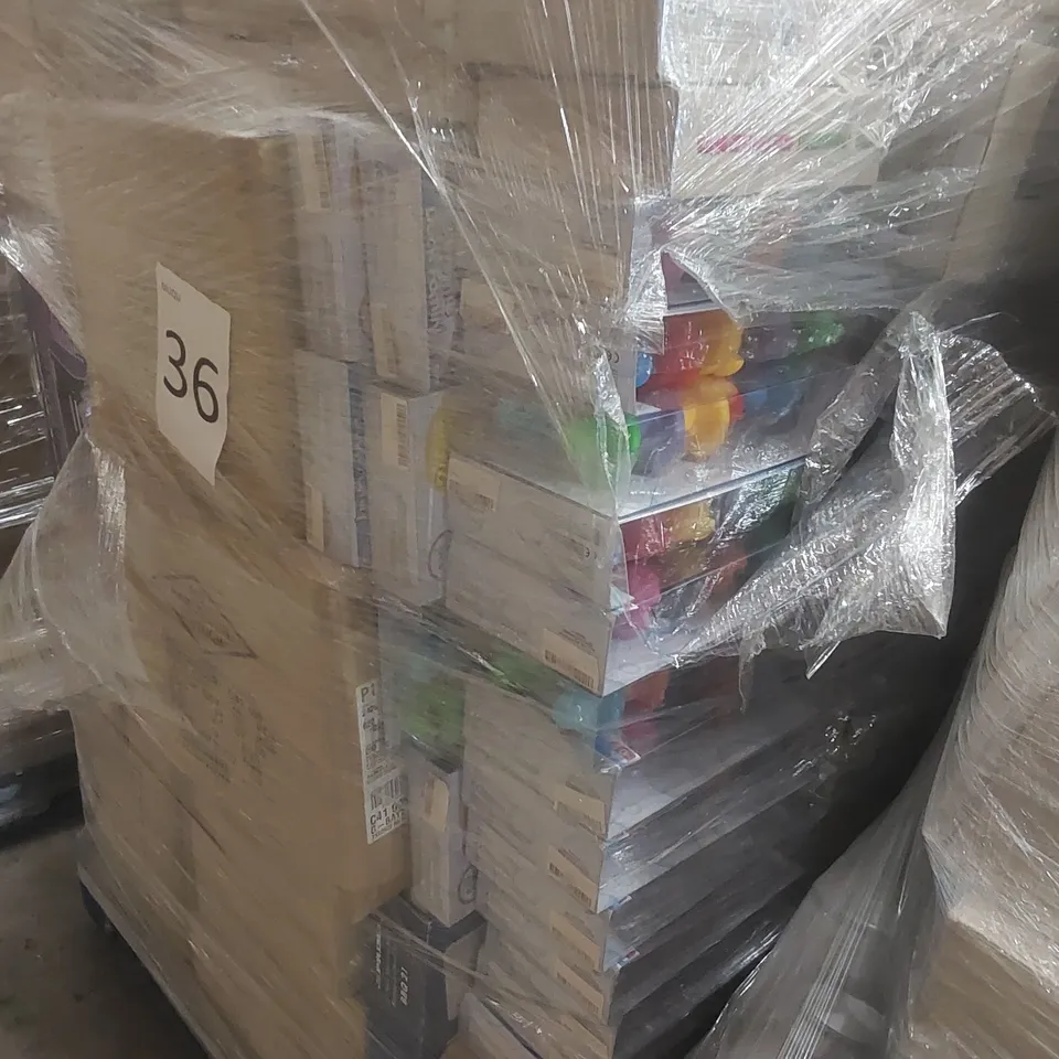 PALLET TO CONTAINING A VERY LARGE QUANTITY OF ASSORTED ITEMS INCLUDING: RUBBER DUCKS, VACUUM BAG HANGERS, 21 PIECE BBQ UTENSILS SETS, STANLEY PAINTING KITS ECT