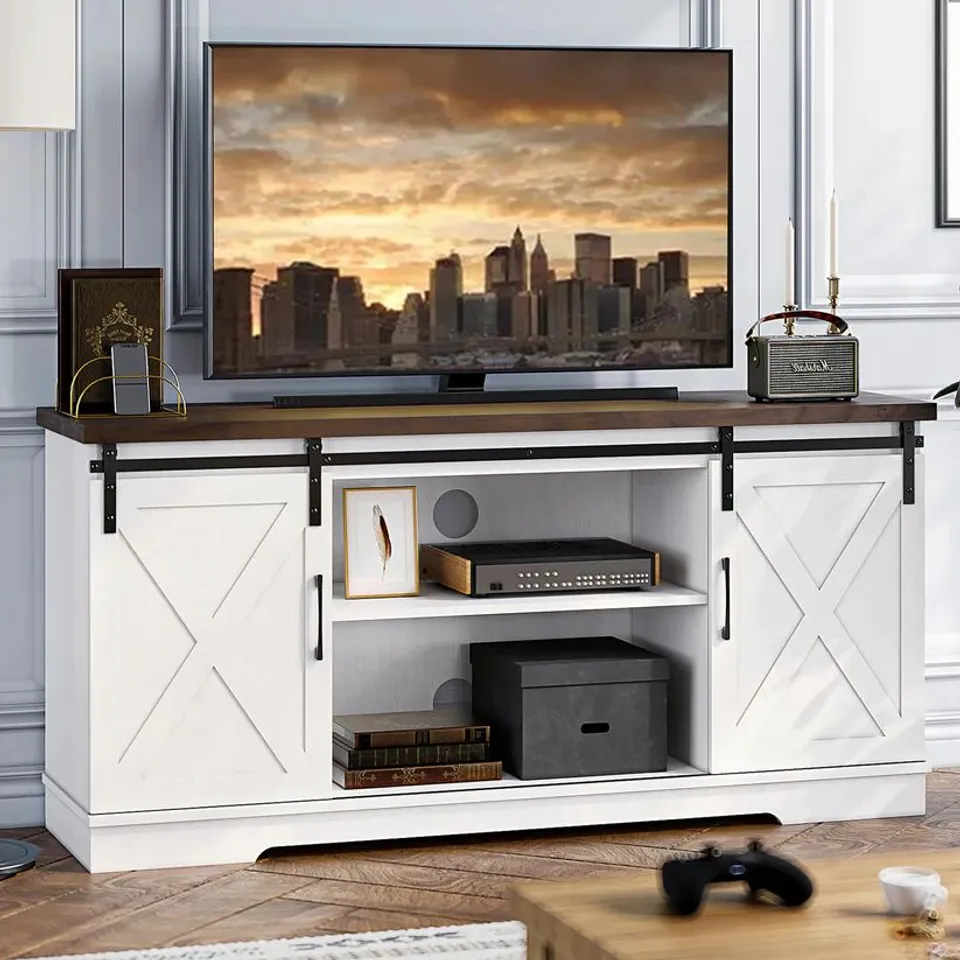 BOXED GARVEE 59 INCH FARMHOUSE TV STAND, CABINET WITH BARN DOORS, WOOD MEDIA CONSOLE FOR LIVING BEDROOM, 250 LBS CAPACITY, WHITE