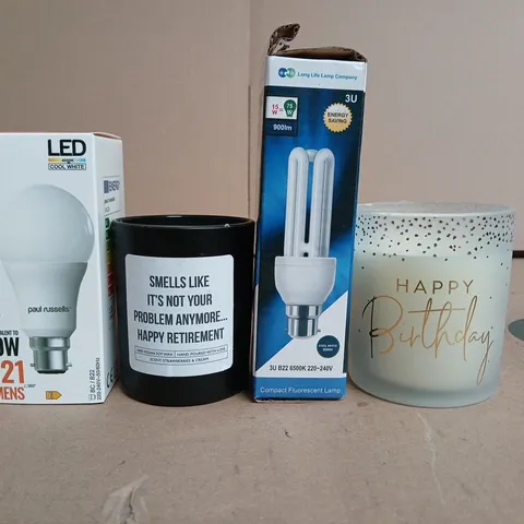 APPROXIMATELY 15 ASSORTED HOUSEHOLD PRODUCTS TO INCLUDE LIGHT BULBS STRAWBERRIES & CREAM CANDLE AND HAPPY BIRTHDAY CANDLE