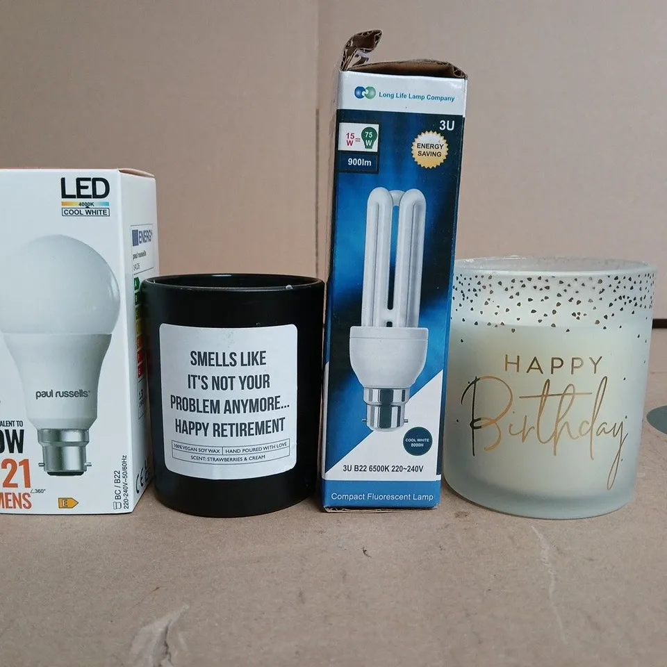 APPROXIMATELY 15 ASSORTED HOUSEHOLD PRODUCTS TO INCLUDE LIGHT BULBS STRAWBERRIES & CREAM CANDLE AND HAPPY BIRTHDAY CANDLE 