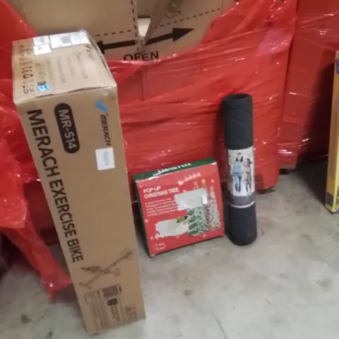 PALLET OF ASSORTED HOUSEHOLD GOODS AND PRODUCTS TO INCLUDE;CHAIR MAT,POPUP CHRISTMAS TREE,EXERCISE BIKE