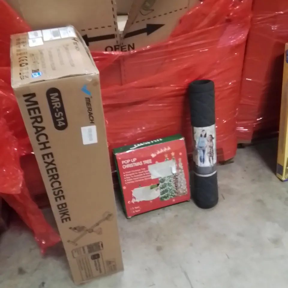 PALLET OF ASSORTED HOUSEHOLD GOODS AND PRODUCTS TO INCLUDE;CHAIR MAT,POPUP CHRISTMAS TREE,EXERCISE BIKE