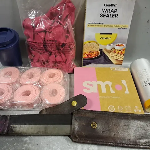 ASSORTED HOUSEHOLD ITEMS TO INCLUDE WRAP SEALER, HOT PINK BALLOONS, PROTECTIVE WRAP, ETC 