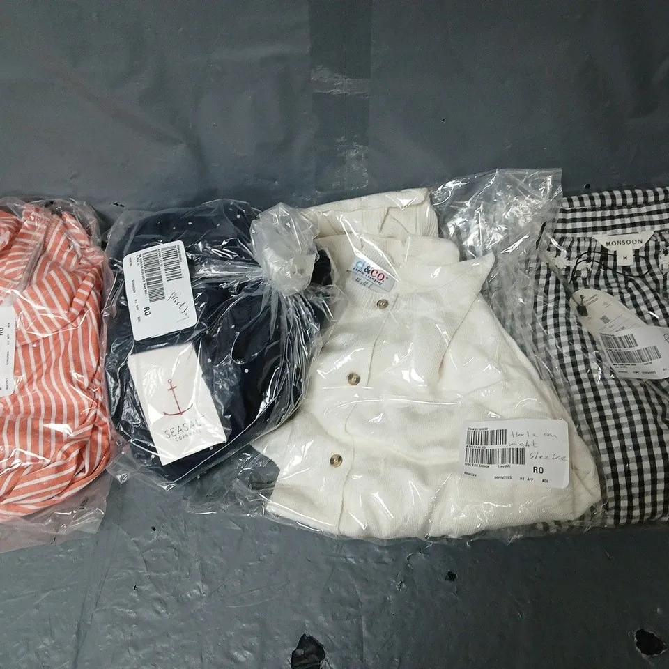 BOX OF APPROXIMATELY 8 ASSORTED BAGGED PIECES OF CLOTHING IN VARIOUS STYLES, SIZES, AND BRANDS 