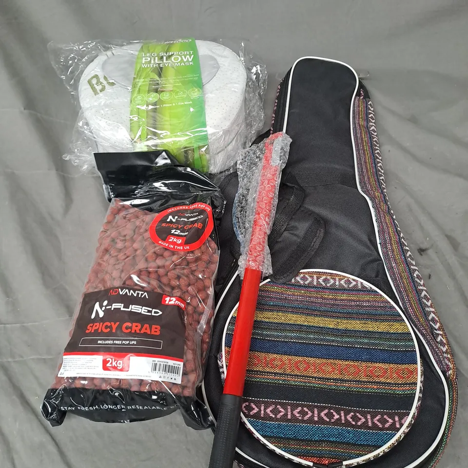BOX OF APPROXIMATELY 12 ASSORTED HOUSEHOLD ITEMS TO INCLUDE - INSTRUMENT BAG - N-FUSED SPICY CRAB BAIT - LEG SUPPORT PILLOW - ETC - COLLECTION ONLY