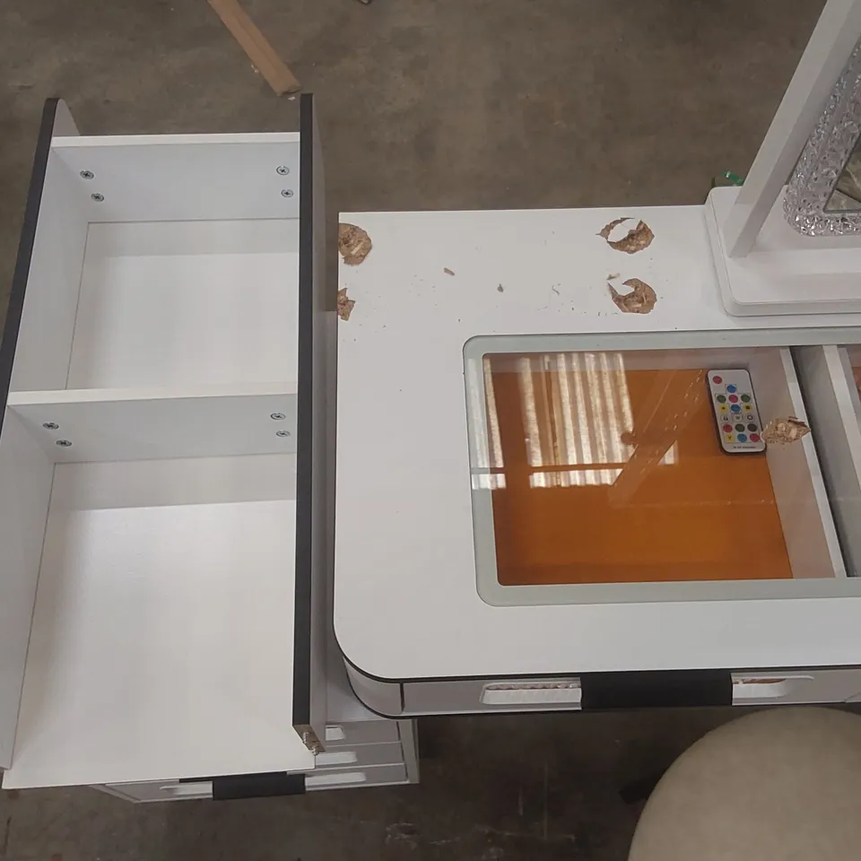 DRESSING TABLE WITH HUMAN SENSOR RGB LIGHTS, TEMPERED GLASS TOP, QUICK-CHARGING STATION AND STOOL