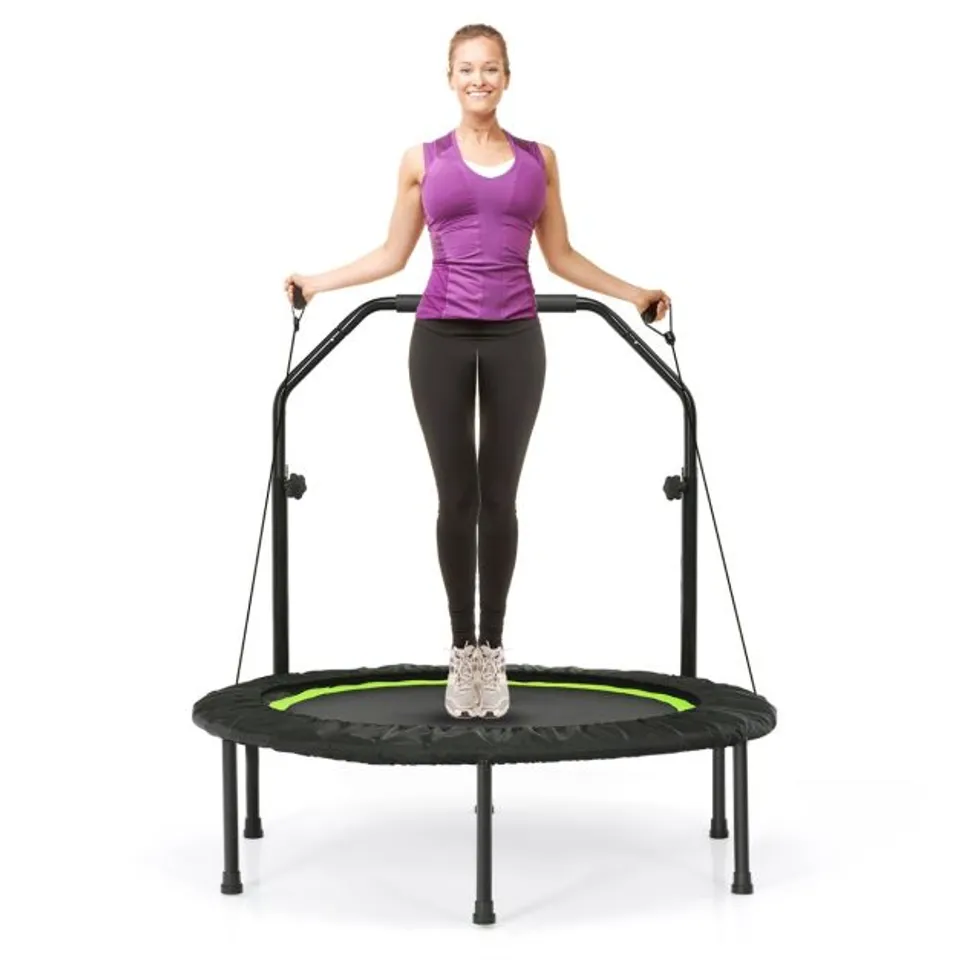 BOXED COSTWAY Ø101 CM MINI TRAMPOLINE WITH HEIGHT-ADJUSTABLE HANDLE & 2 RESISTANCE BANDS - GREEN