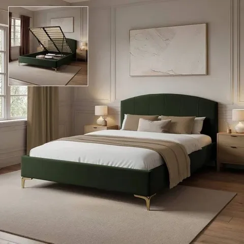 XR LIVING AVERY UPHOLSTERED HIDDEN SHADOW OTTOMAN BED - OLIVE GREEN - DOUBLE (2 BOXES)