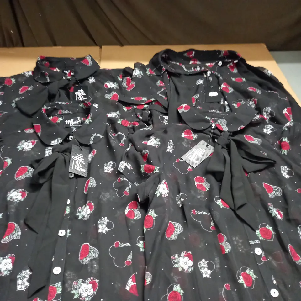 LOT OF 4 HELL BUNNY ROSE PRINT BLACK SHIRTS - VARIOUS SIZES