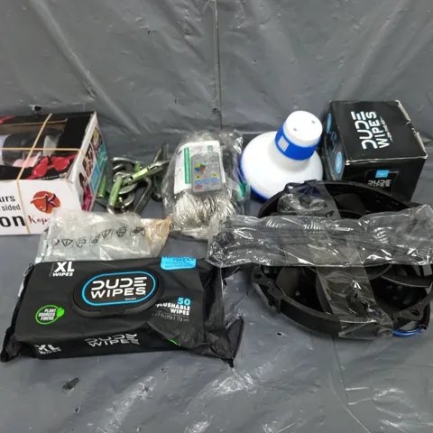 BOX OF ASSORTED HOUSEHOLD ITEMS TO INCLUDE DOUBLE SIDED RIBBON, DUDE WIPES AND POOL CLEANING TABLETS