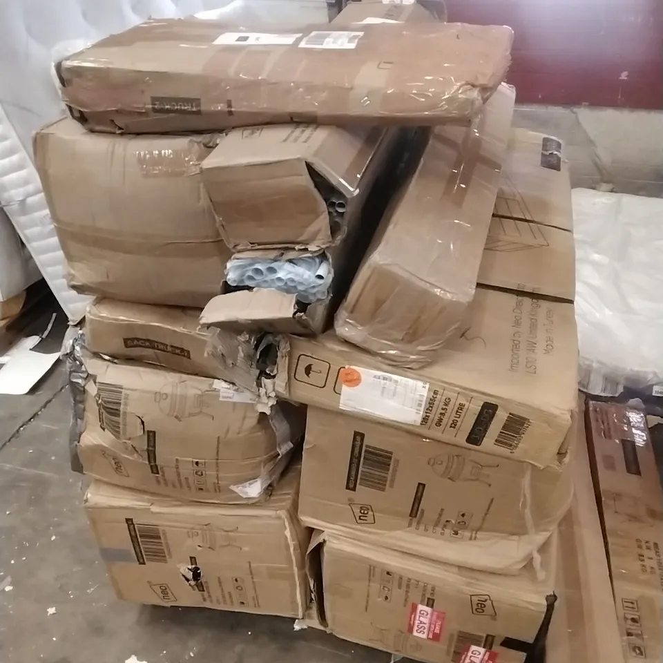 PALLET OF ASSORTED HOUSEHOLD GOODS AND PRODUCTS TO INCLUDE; GARDEN STORAGE BOX, KAMADOS ETC