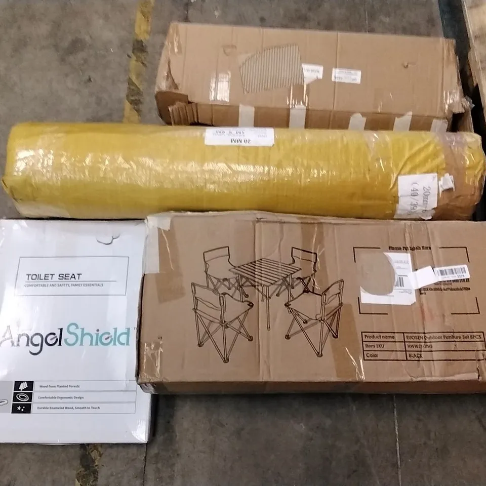 PALLET OF ASSORTED ITEMS INCLUDING NICEDAY DESK CHAIR, ELEGANT LED MIRROR, ANGELSHIELD TOILET SEAT, 20MM ARTIFICAL GRASS, EUOSEN OUTDOOR FURNITURE SET, SHOE RACK