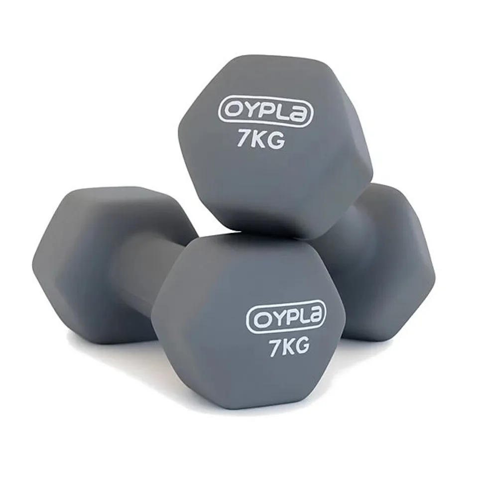 OYPLA PAIR OF 7KG HEX ANTI ROLL NEOPRENE NON SLIP HAND DUMBBELLS WORKOUT WEIGHTS