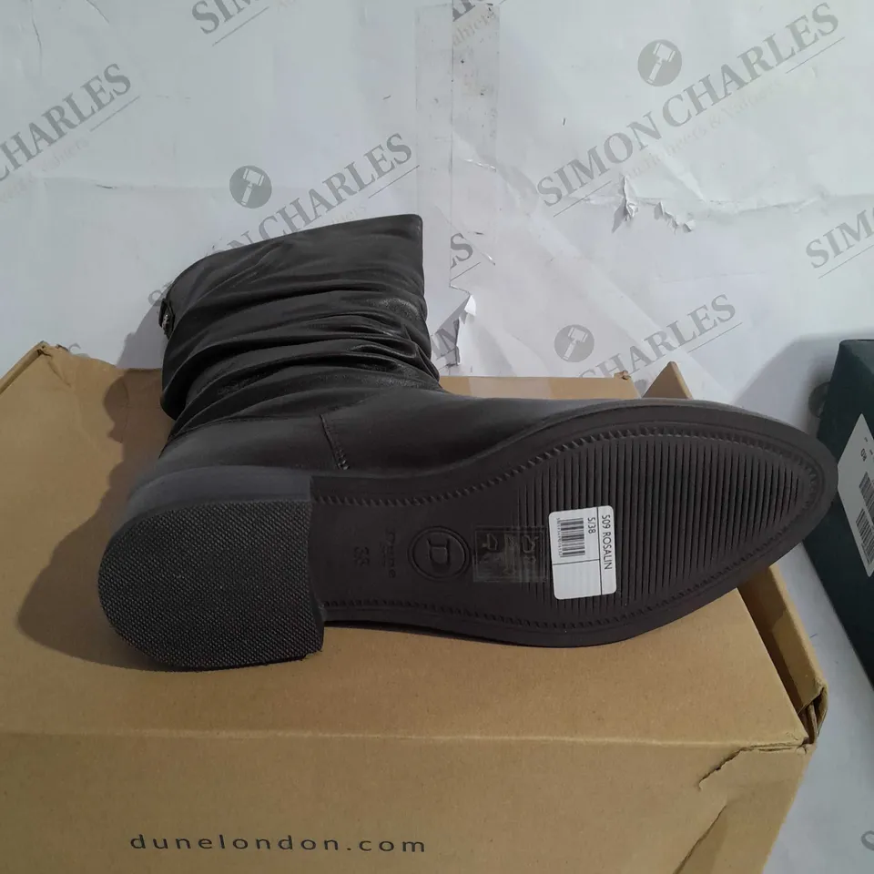 BOXED PAIR OF DUNE LONDON CALF BOOTS IN BROWN SIZE 5