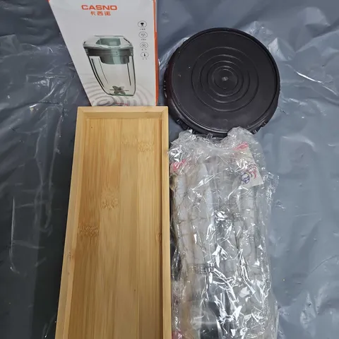 box of assorted home and accessories items to include - casno cup - bamboo tray - cutlery
