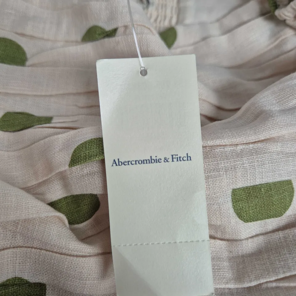 ABERCROMBIE & FITCH WOMEN'S POLKA DOT DRESS – BEIGE WITH GREEN DOTS, RUCHED BODICE, PUFF SLEEVES (SIZE SMALL)