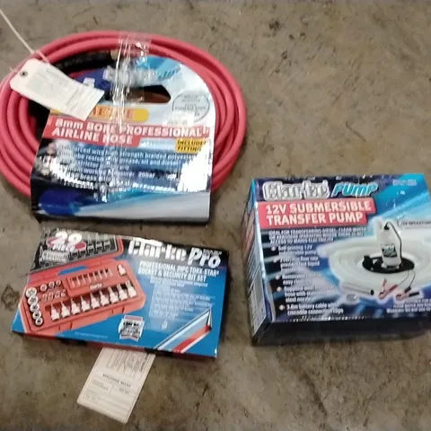 BOX TO CONTAIN 3 ASSORTED TOOLS AND PRODUCTS TO INCLUDE;AIRLINE HOSE,SOCKET SET,TRANSFER PUMP