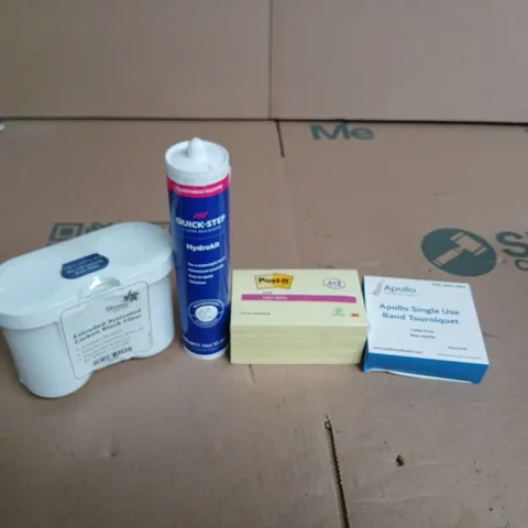 APPROXIMATELY 15 ASSORTED HOUSEHOLD PRODUCTS TO INCLUDE EXTRUDRD ACTIVATED CARBON BLOCK FILTER POST IT NOTES SUPER STICKY AND APOLLO SINGLE USE BAND TOURNIQUET