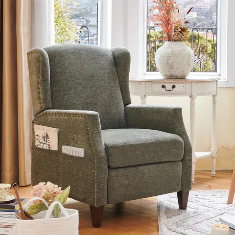 BOXED COLAMY WINGED RECLINER WITH WOOD LEGS AND NAILHEAD TRIM - GREEN (1 BOX)