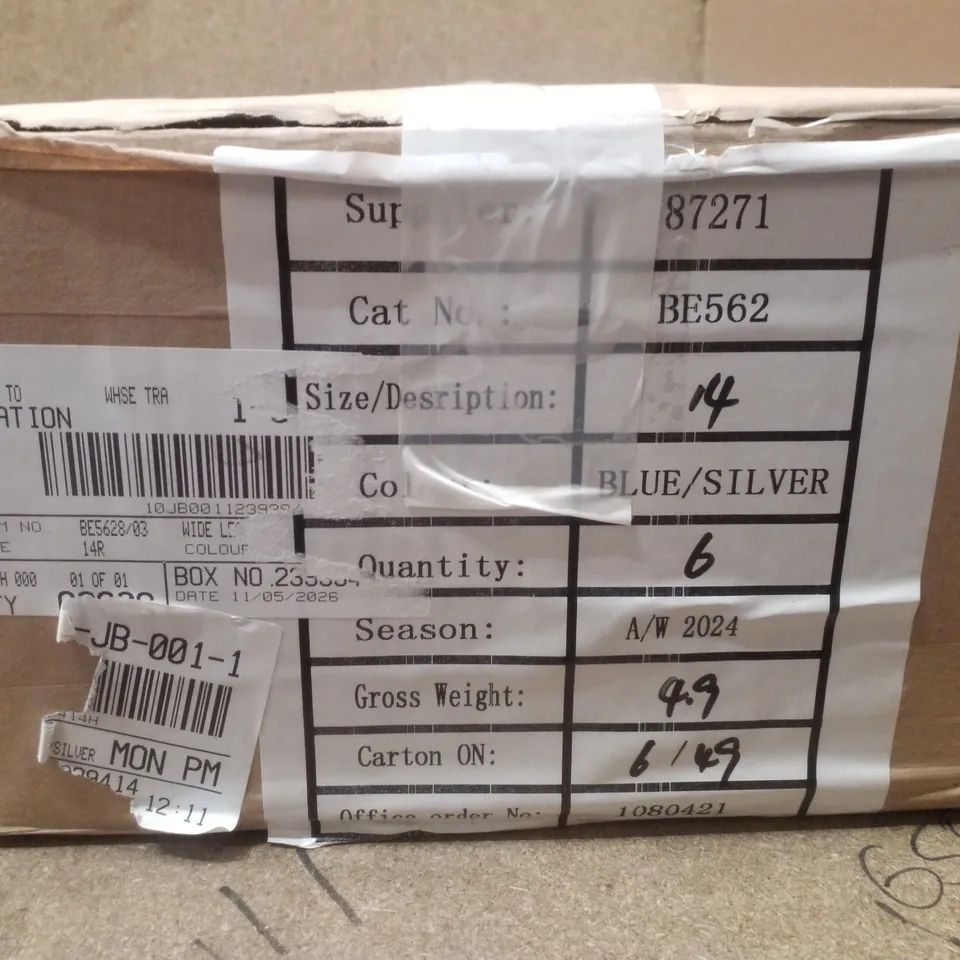 BOX CONTAINING APPROXIMATELY 6 BRAND NEW SIMPLY BE BLUE METALLIC WIDE LEG JEANS - SIZE 14R