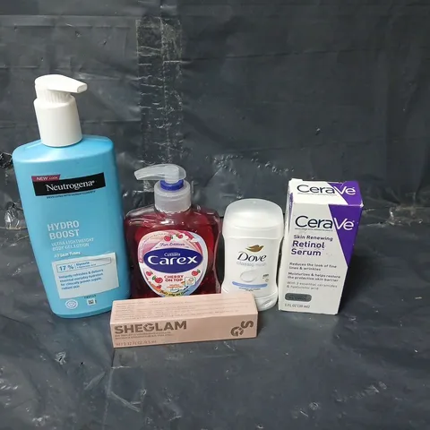 APPROXIMATEY 20 ASSORTED HEALTH AND BEAUTY PRODUCTS TO INCLUDE CERAVE RETINOL SERUM, CAREX HANDWASH AND DOVE STICK DEODORANT