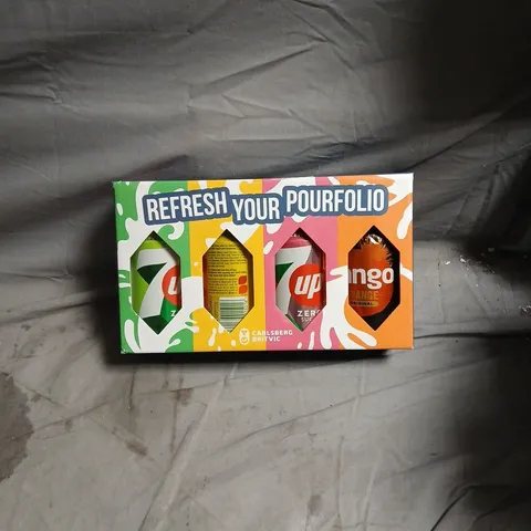 4-PACK BEVERAGE GIFT BOX – COLOURFUL 'REFRESH YOUR POURFOLIO' DESIGN