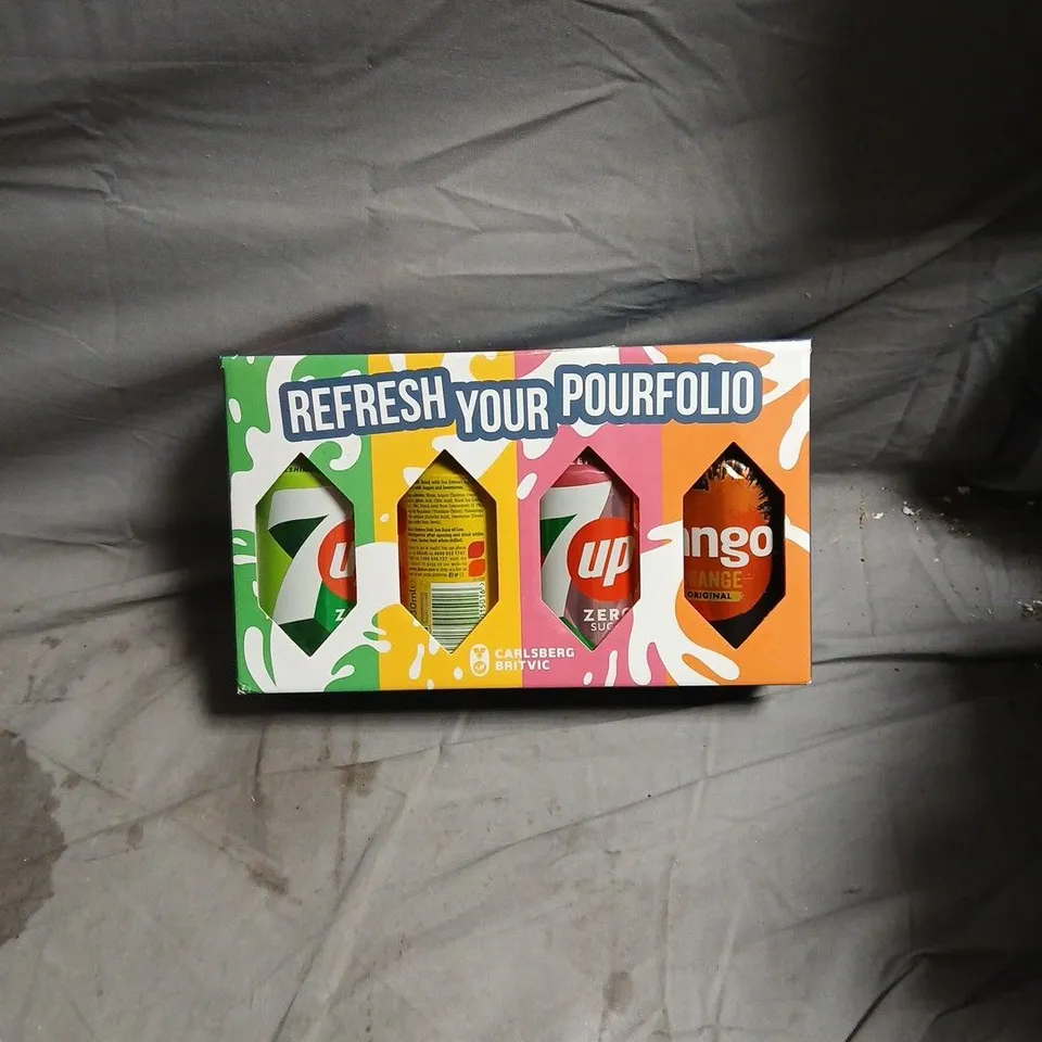 4-PACK BEVERAGE GIFT BOX – COLOURFUL 'REFRESH YOUR POURFOLIO' DESIGN