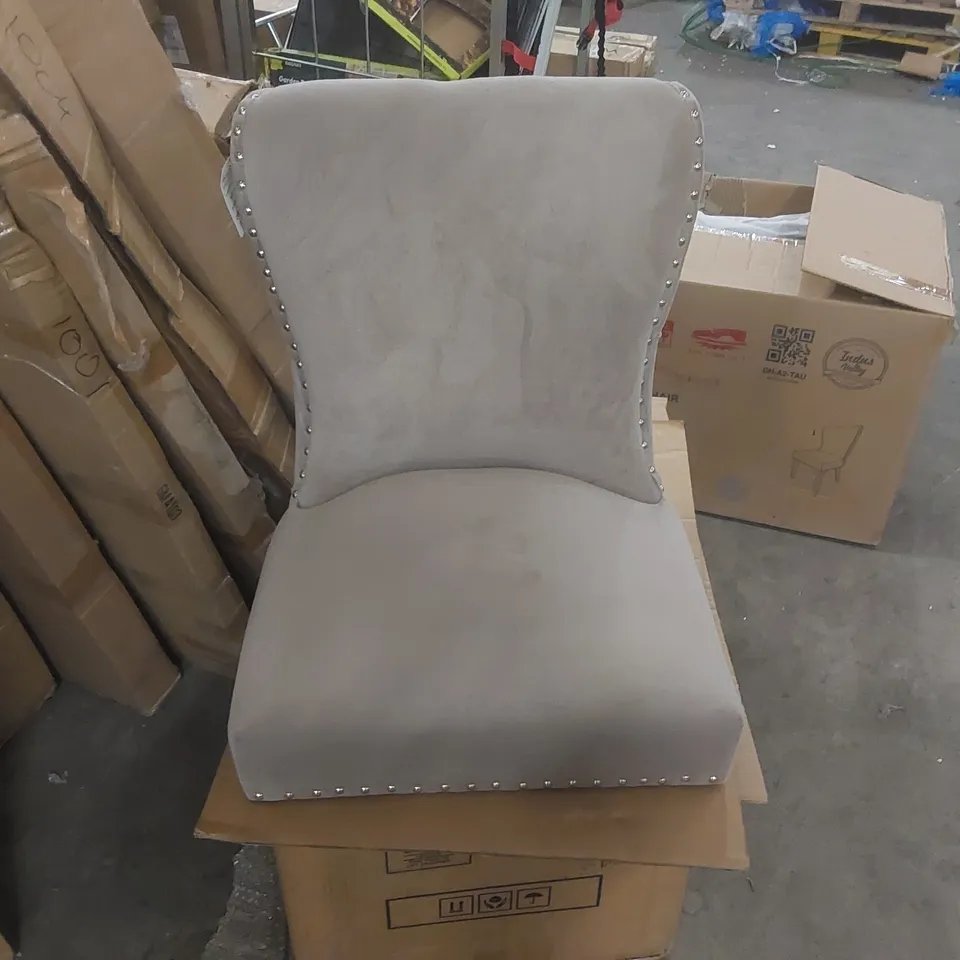 BOXED PAIR OF INDUS VALLEY TAUPE VELVET DINING CHAIRS