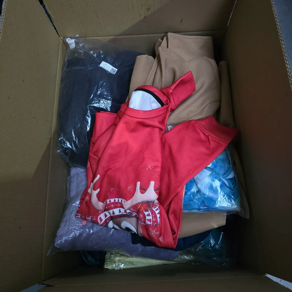 BOX OF APPROXIMATELY 20 ASSORTED ITEMS OF CLOTHING INCLUDING MEDIUM XMAS RUDOLP TOP, LILAC KNITED BUTTONED CARDIGAN, BLUE DENIM STRETCH WAIST SIZE LARGE