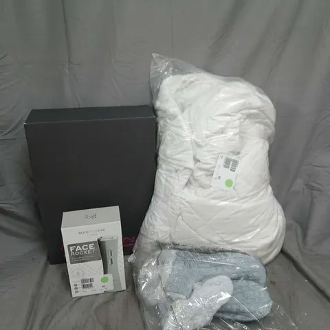 BOX OF APPROX 12 ASSORTED HOUSEHOLD ITEMS TO INCLUDE - VANITY MIRROR - MAGNITONE FACIAL FIRMING DEVICE - MUK LUKS SLIPPER BOOTS - ETC