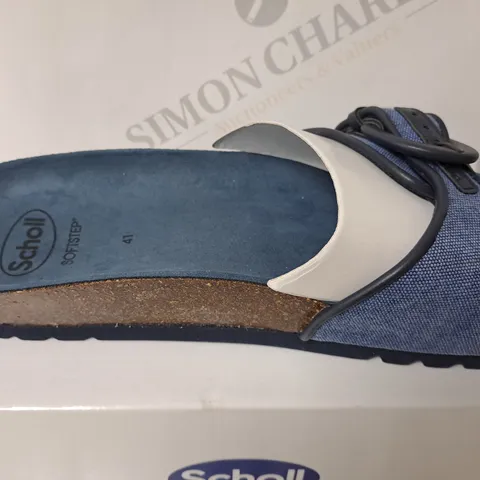 BOXED SCHOLL SANDLES IN DENIM BLUE SIZE 7