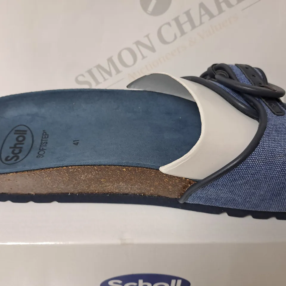 BOXED SCHOLL SANDLES IN DENIM BLUE SIZE 7 