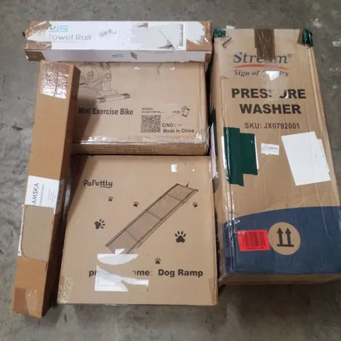 PALLET CONTAINING ASSORTED PRODUCTS INCLUDING PRESSURE WASHER, DOG RAMP, STAIR CARPET RODS, TOWEL RAIL & MAGNETIC MINI EXERCISE BIKE