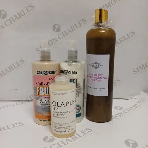 APPROXIMATELY 10 ASSORTED HEALTH AND BEAUTY PRODUCTS TO INCLUDE OLAPLEX NO 4 BOND MAINTENANCE SHAMPOO, SOAP AND GLORY BODY LOTION, RADIANCE BY PERION FACE AND BODY BLACK SOAP