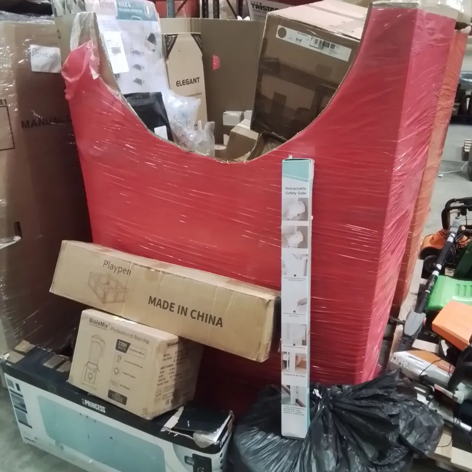 PALLET CONTAINING VARIOUS ASSORTED BOXED HOUSEHOLD ITEMS TO INCLUDE: PROFESSIONAL FOOD BLENDER, PLAYPEN, RETRACTABLE SAFETY GATE, PANEL HEATER AND LOTS MORE UNMARKED BOXED ITEMS 