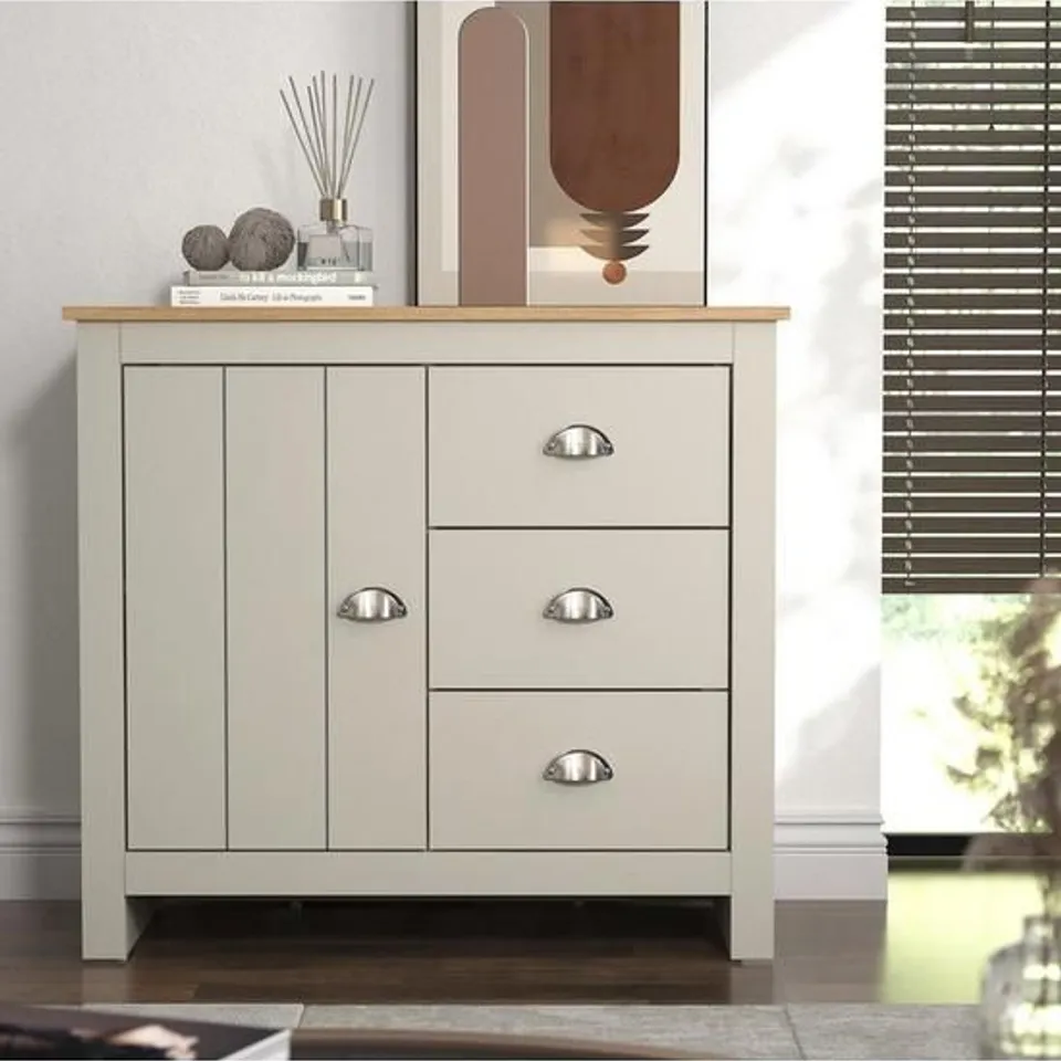 BOXED ATLANTA COMPACT SIDEBOARD IN LIGHT GREY/OAK - COLLECTION ONLY