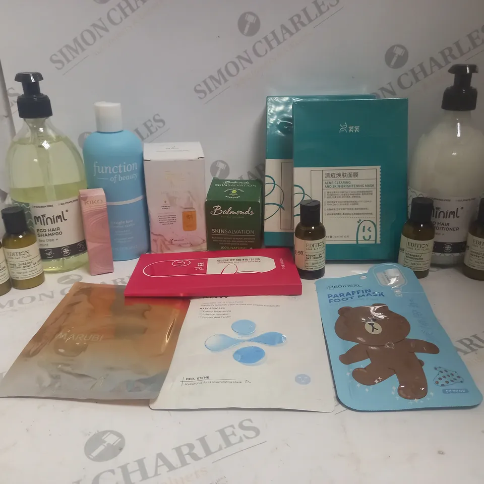 BOX OF APPROX 12 ASSORTED BEAUTY PRODUCTS TO INCLUDE FUNCTION OF BEAUTY STRAIGHT HAIR SHAMPOO, LE LABO SHAMPOO, KIKO MOOD BOOST LIP STYLO, ETC 