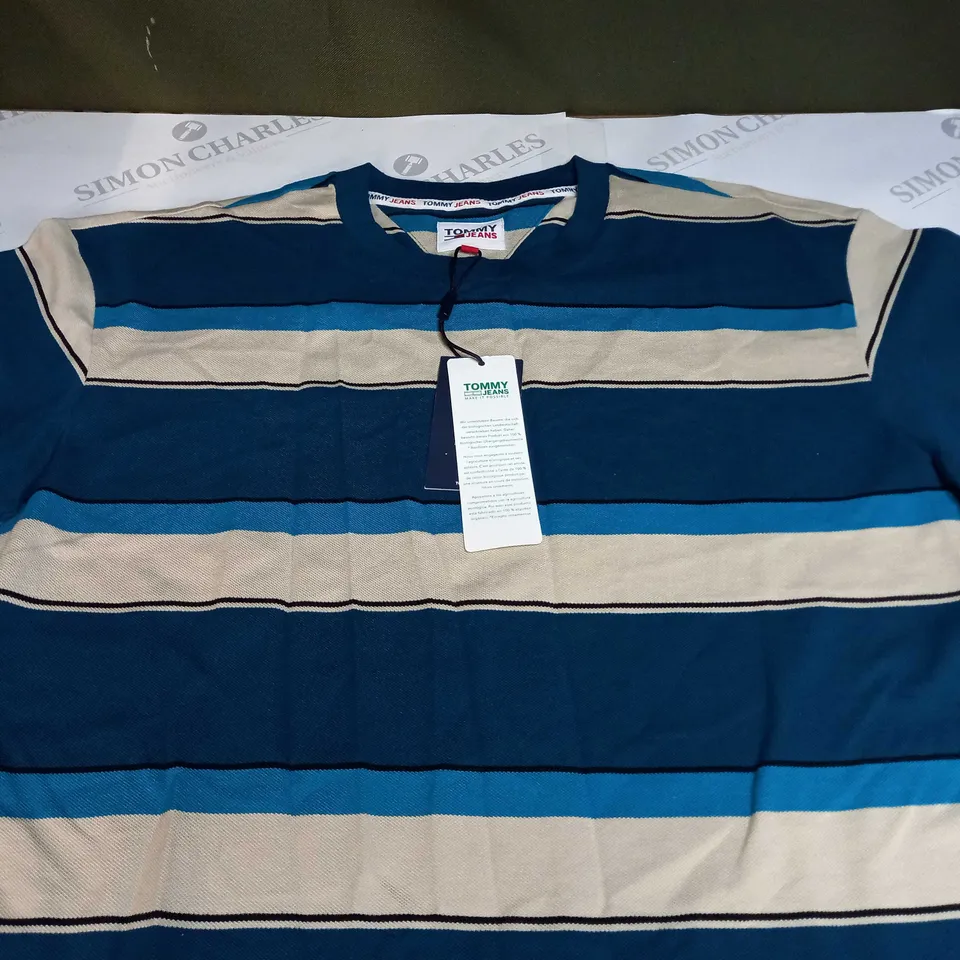 TOMMY JEANS BOLD PIQUE STRIPE TEE IN BLUE, BLACK, BEIGE - LARGE