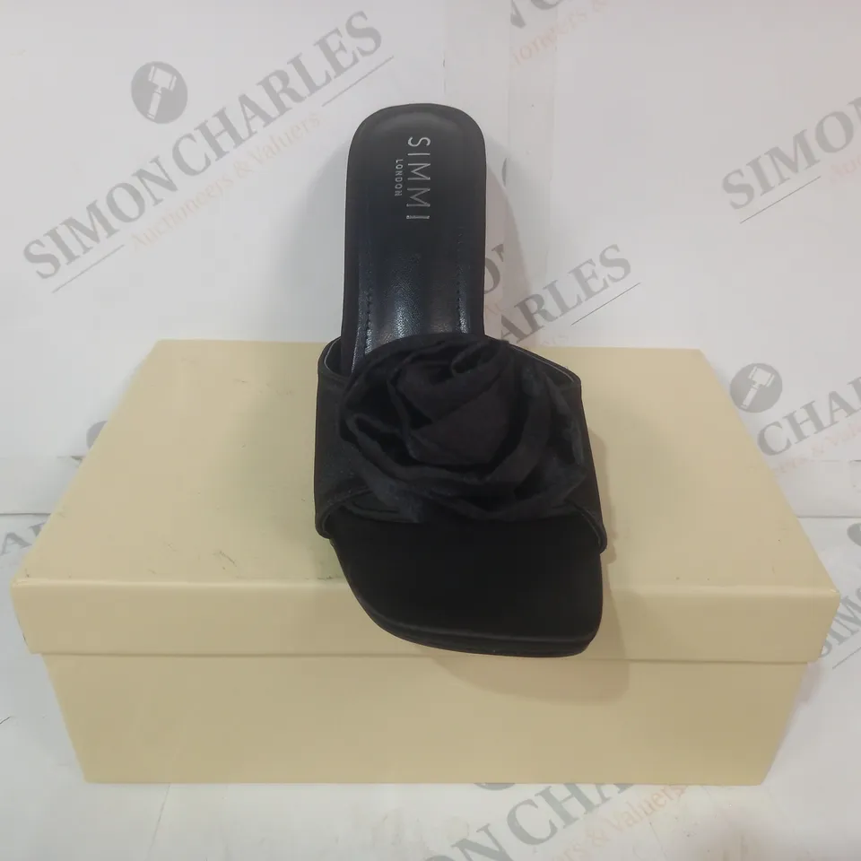 BOXED PAIR OF SIMMI LONDON EMBERLEY OPEN TOE HIGH HEELED SHOES IN BLACK SATIN UK SIZE 5