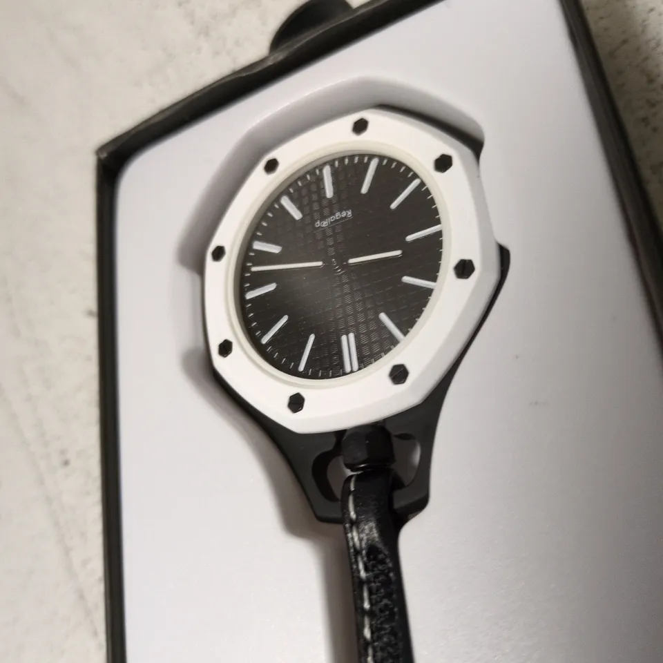 REGALPOP TRENDY FASHION WATCH – BLACK DIAL, WHITE BEZEL, LEATHER STRAP
