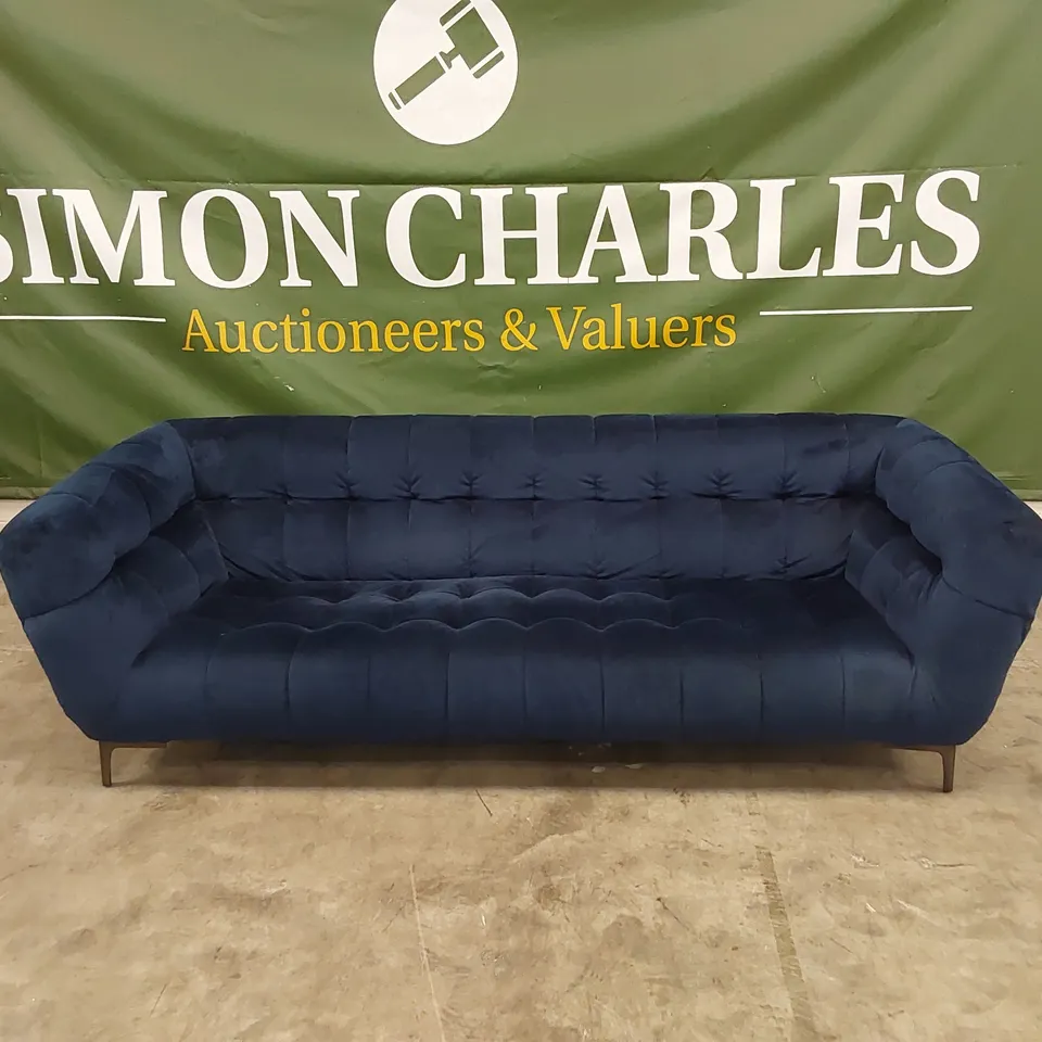DESIGNER VIOLINO VELVET UPHOLSTERED 4 SEATER SOFA IN NAVY BLUE