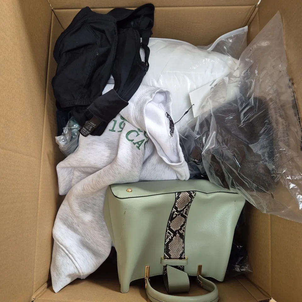 LARGE BOX OF ASSORTED CLOTHING ITEMS IN VARIOUS SIZES, STYLES AND COLOUR 