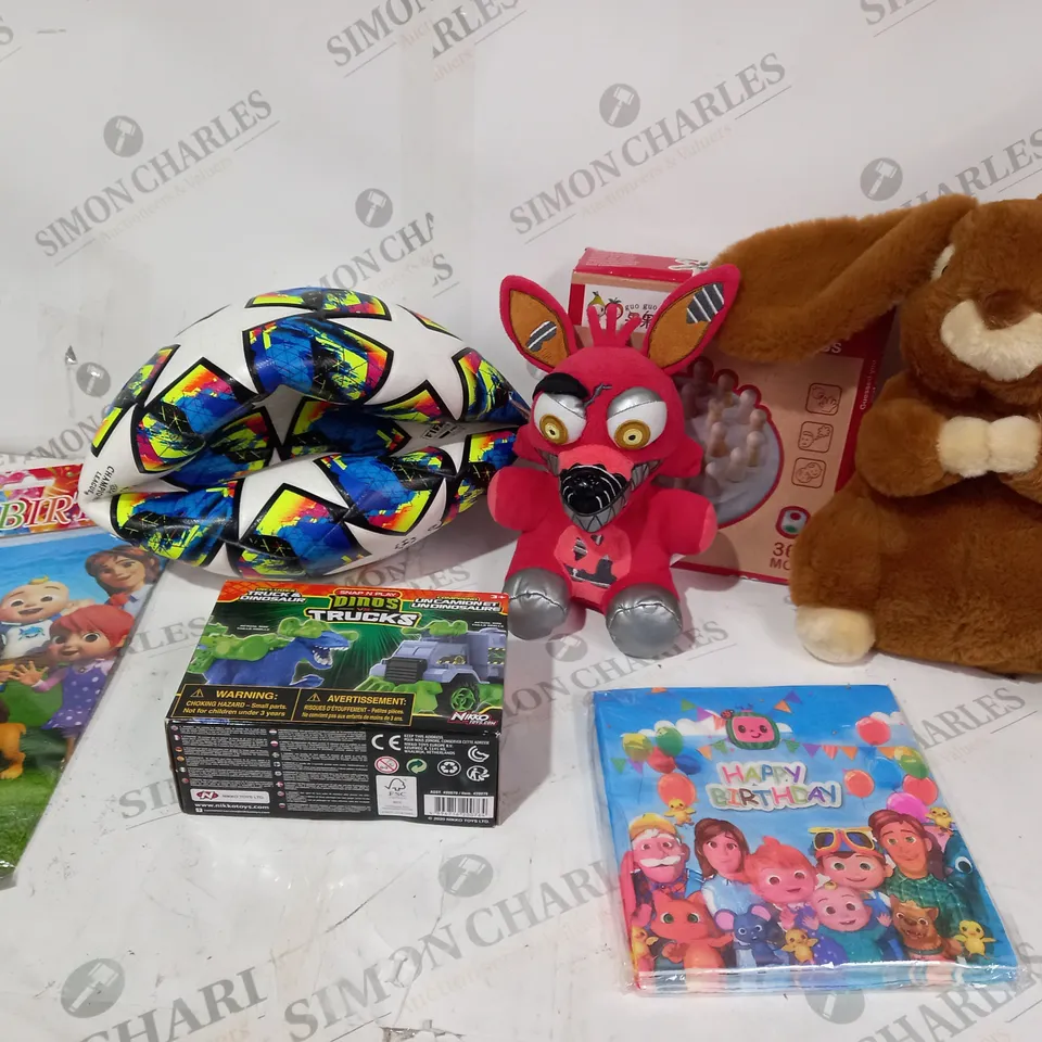 BOX OF APPROX 30 ASSORTED TOYS INCLUDING PLUSH RABBIT, COCOMELON PARTY SUPPLIES AND WOODEN MEMORY CHESS