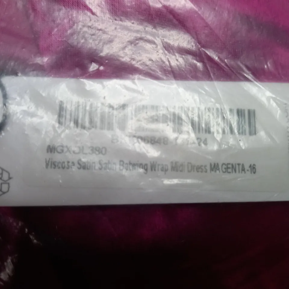 PACKAGED KAREN MILLEN MAGENTA VISCOSE SATIN BATWING WRAP MIDI DRESS - SIZE 16