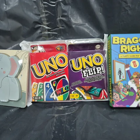APPROXIMATELY 20 ASSORTED TOYS AND GAMES TO INCLUDE BRAGGING RIGHTS, UNO, ETC, ETC - COLLECTION ONLY