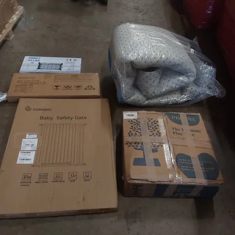 PALLET OF ASSORTED ITEMS INCLUDING: PET PLAY TREE, ELECTRIC INSECT KILLER, BABY SAFETY GATE, LARGE RUG, BED RAIL GUARD ECT